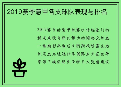 2019赛季意甲各支球队表现与排名