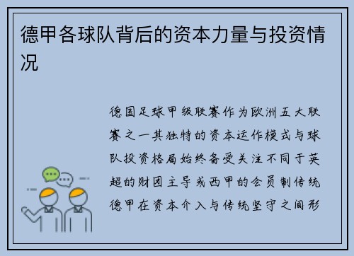 德甲各球队背后的资本力量与投资情况